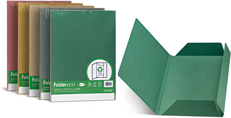 carta Folder ECO 3 Lembi 180,  100% RICICLATO formato BC (24,5X34,5cm), 180gr. Una linea di cartelline a 3 lembi in cartoncino ecologico riciclato al 100%.